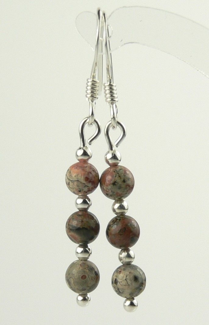 Sterling silver 4mm (+/-) red brown beige grey Leopardskin Jasper semi-precious stone drop earrings, in a gift box