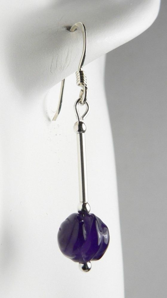 Sterling silver 8mm (+/-) Amethyst semi-precious stone drop earrings, in a gift box (L, rose carved)