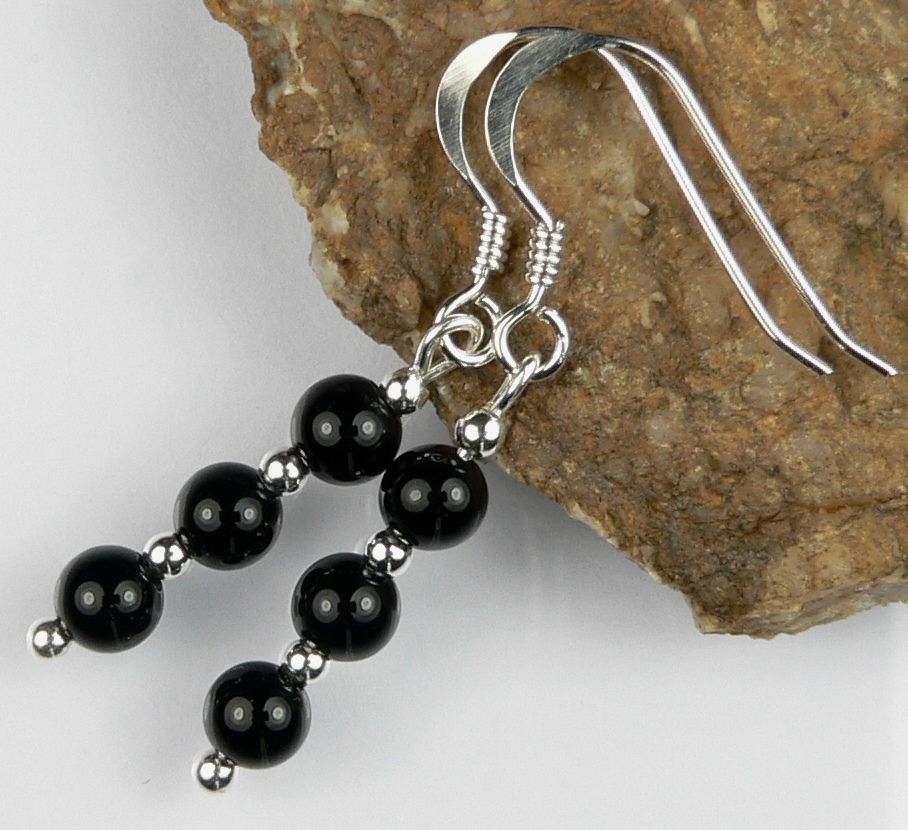 Sterling silver 4mm (+/-) Black Onyx semi-precious stone drop earrings