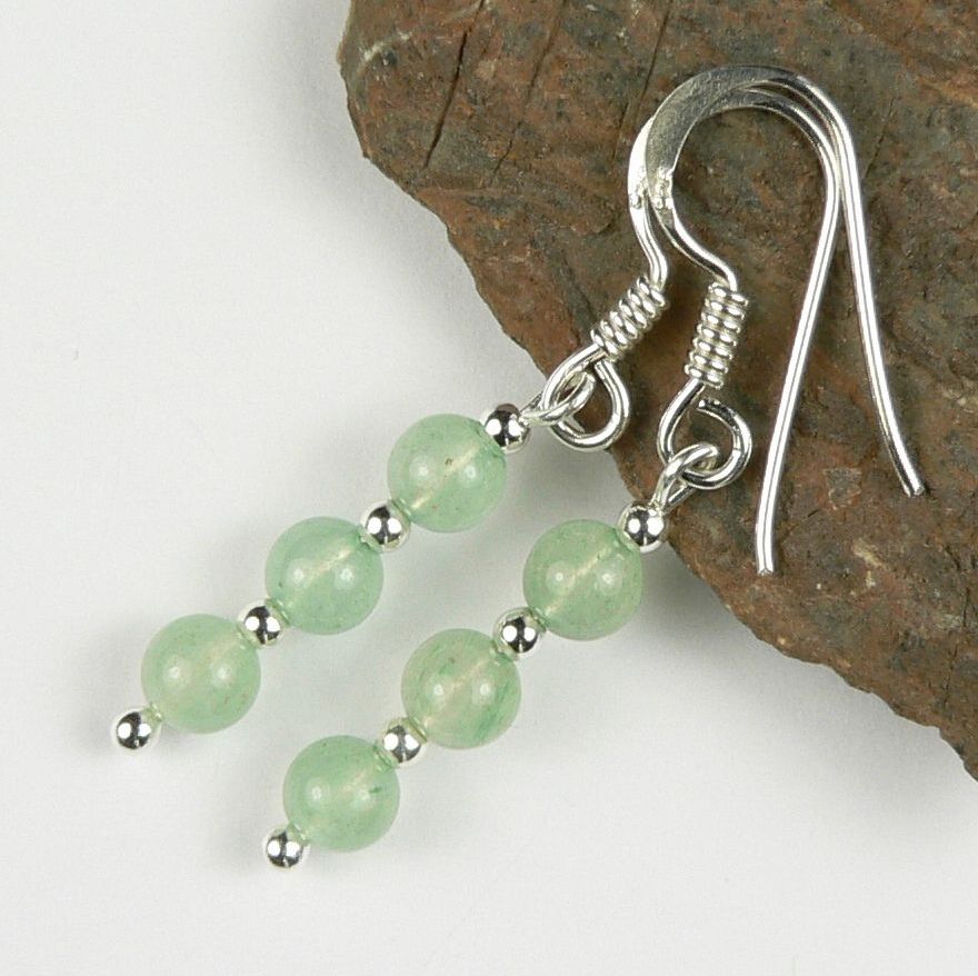 Sterling silver 4mm (+/-) Green Aventurine semi-precious stone drop earrings, in a gift box