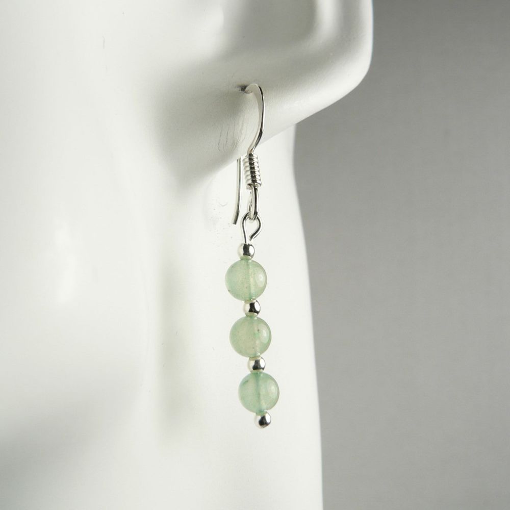 Sterling silver 4mm (+/-) Green Aventurine semi-precious stone drop earrings, in a gift box