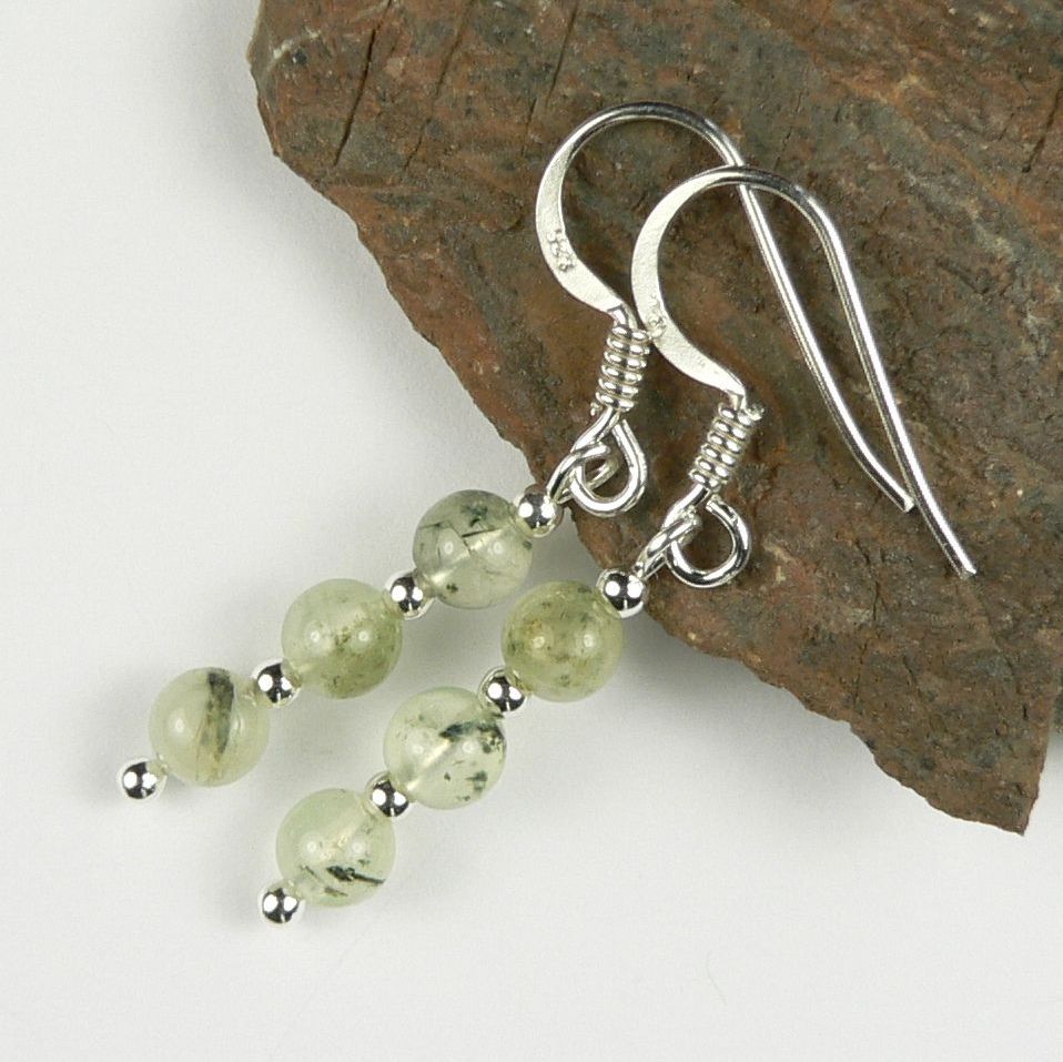 Sterling silver 4mm (+/-) green Prehnite semi-precious stone drop earrings