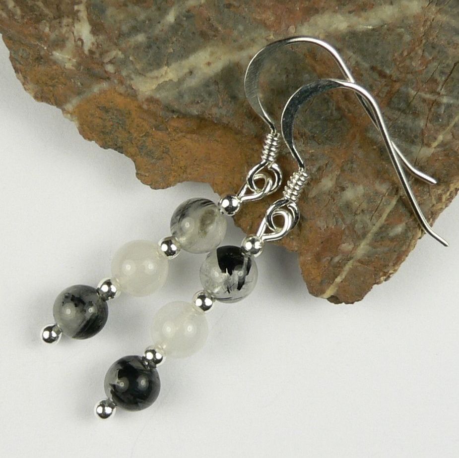 Sterling silver 4mm (+/-) colourless white black Tourmalinated Quartz semi-precious stone drop earrings, in a gift box