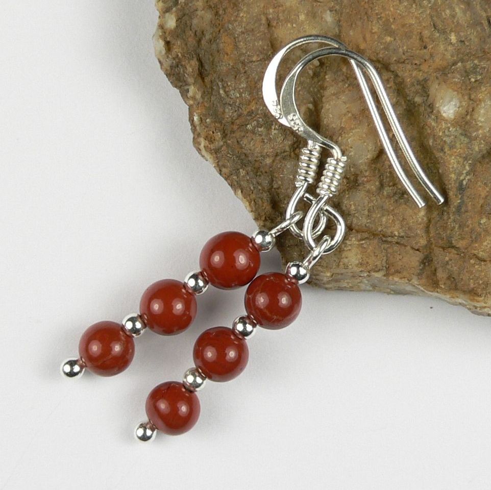 Sterling silver 4mm (+/-) brick Red Jasper semi-precious stone drop earring