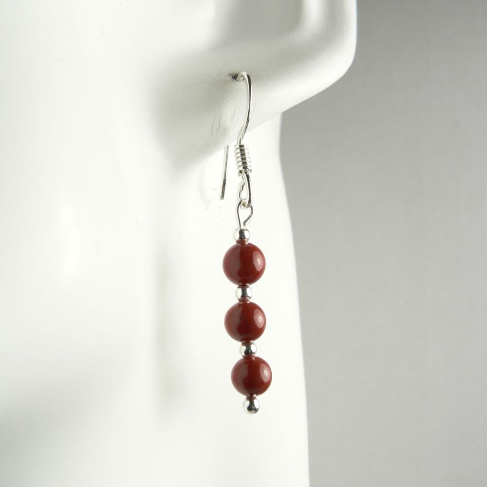 Sterling silver 4mm (+/-) Red Jasper semi-precious stone drop earrings, in a gift box