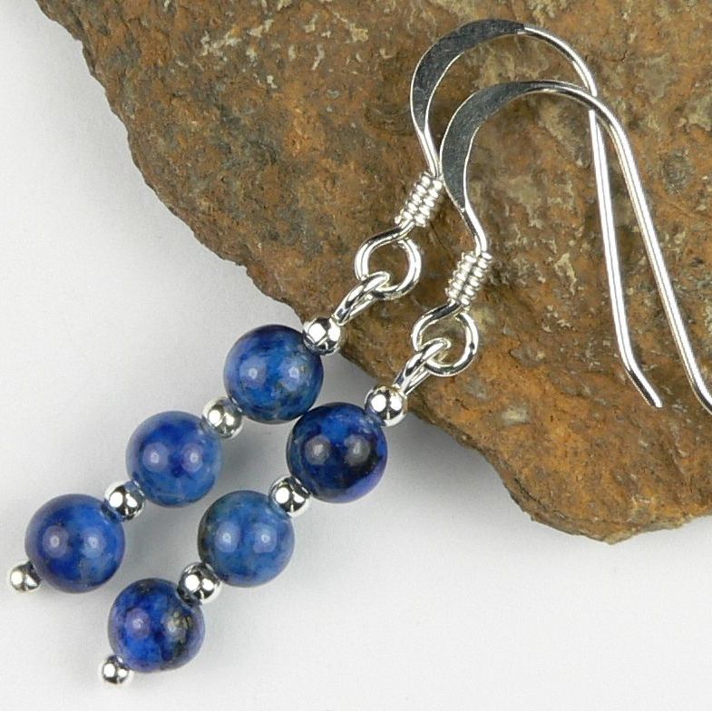 Sterling silver 4mm (+/-) blue Lapis Lazuli semi-precious stone drop earrin