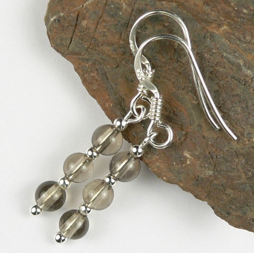 Sterling silver 4mm (+/-) Smoky Quartz semi-precious stone drop earrings, in a gift box