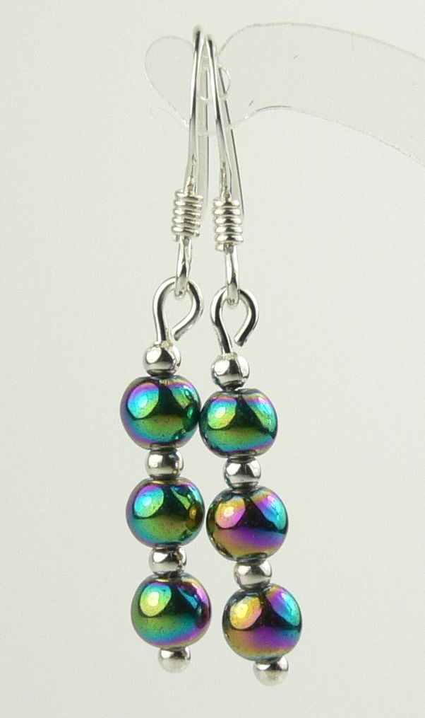 Sterling silver 4mm (+/-) electro-plated Hematite semi-precious stone drop earrings, in a gift box