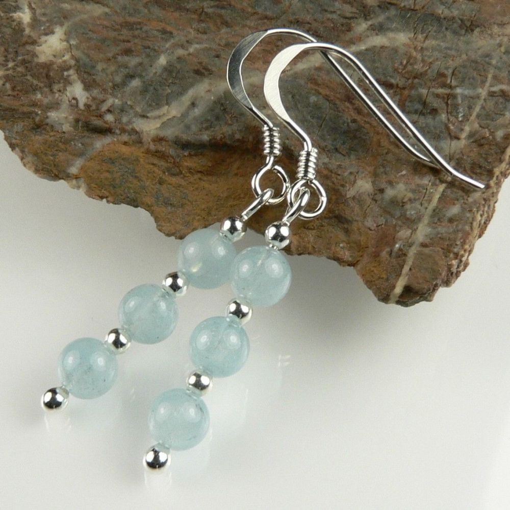 Sterling silver 4mm (+/-) Aquamarine semi-precious stone drop earrings, in a gift box