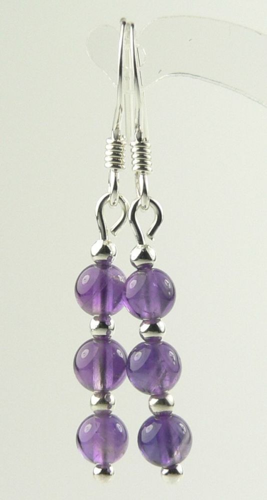 Sterling silver 4mm (+/-) Amethyst semi-precious stone drop earrings, in a gift box