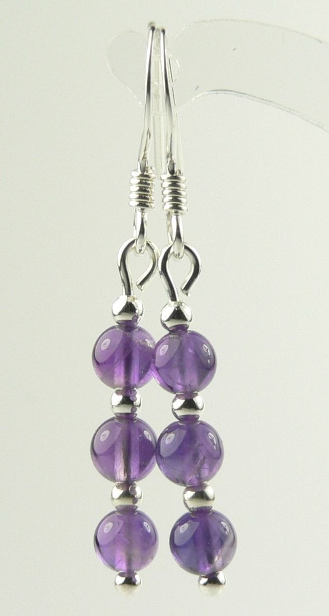 Sterling silver 4mm (+/-) purple Amethyst semi-precious stone drop earrings