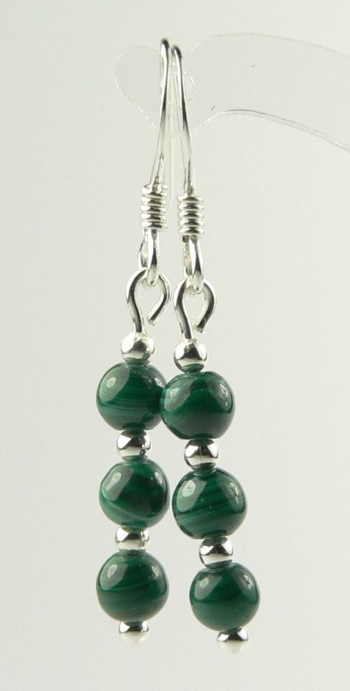 Sterling silver 4mm (+/-) Malachite semi-precious stone drop earrings, in a gift box