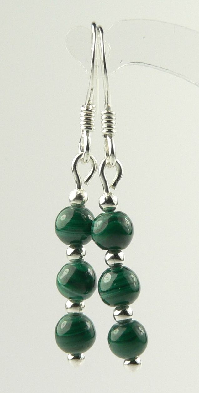 Sterling silver 4mm (+/-) green Malachite semi-precious stone drop earrings