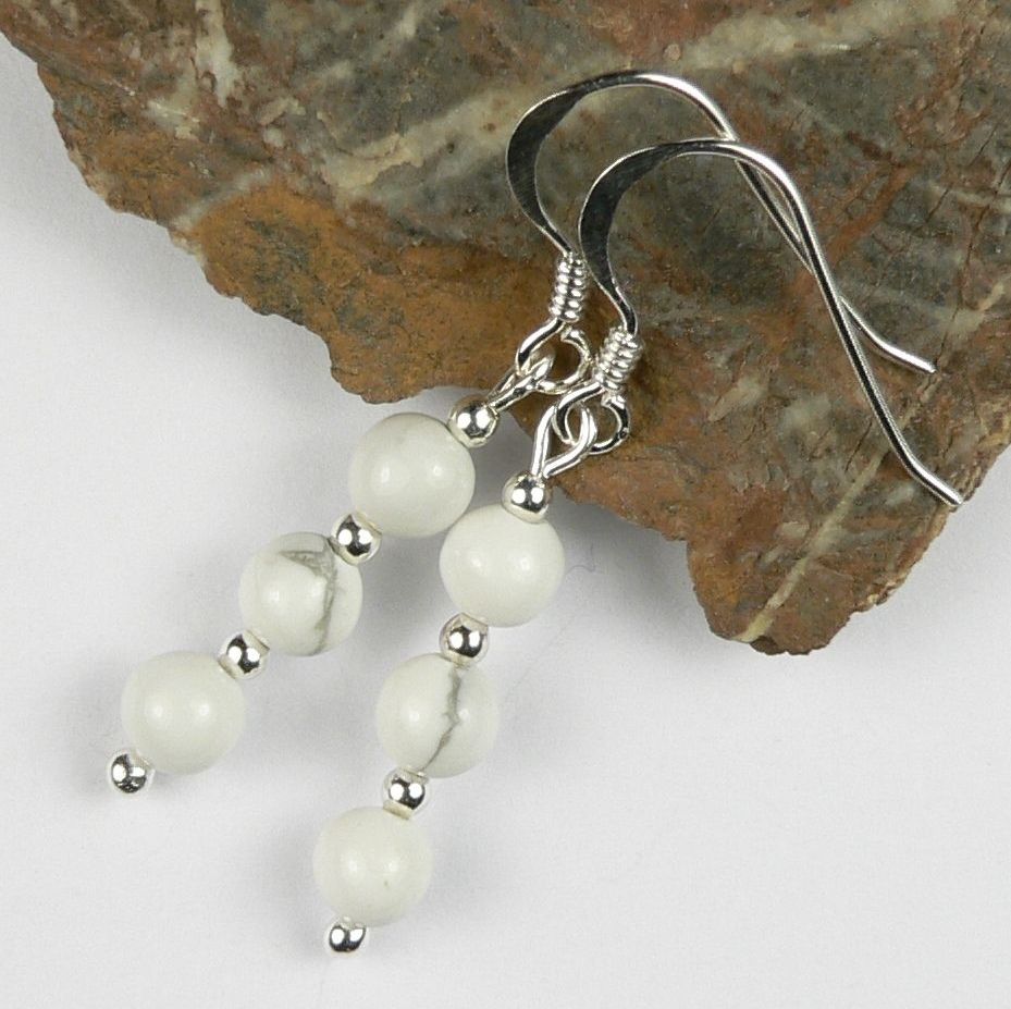 Sterling silver white and grey veined Howlite semi-precious stone drop e