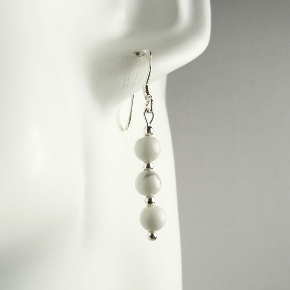 Sterling silver 4mm (+/-) Howlite semi-precious stone drop earrings, in a gift box