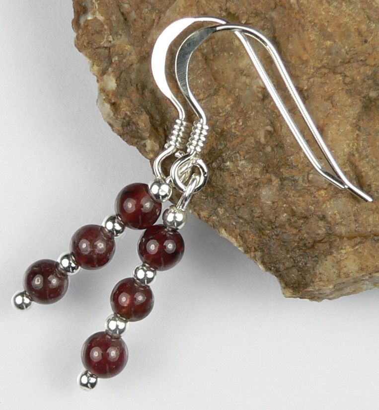 Sterling silver 4mm (+/-) dark red Garnet semi-precious stone drop earrings