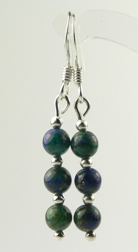 Sterling silver 4mm (+/-) Chrysocolla semi-precious stone drop earrings, in a gift box