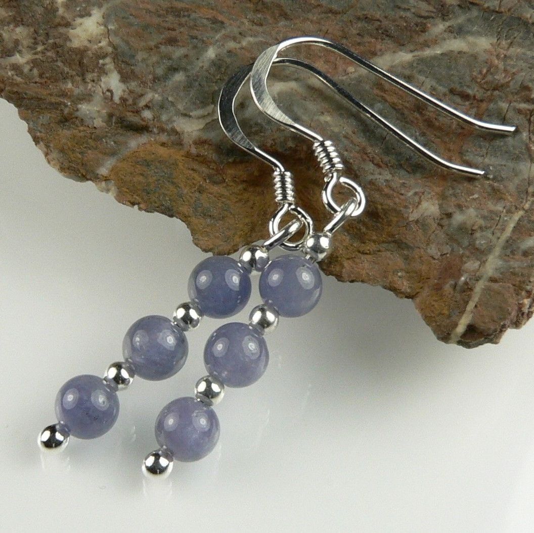 Sterling silver 4mm (+/-) Tanzanite semi-precious stone drop earrings, in a gift box