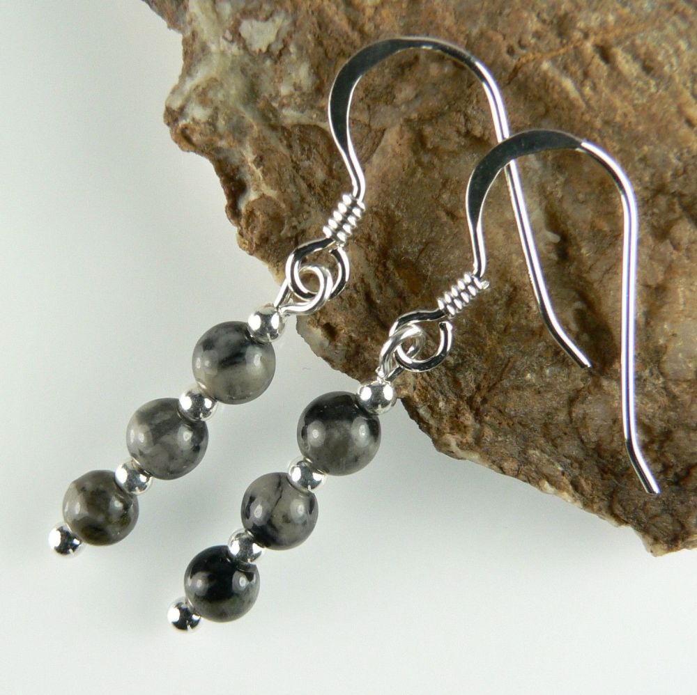 Sterling silver 4mm (+/-) Picasso Jasper semi-precious stone drop earrings, in a gift box