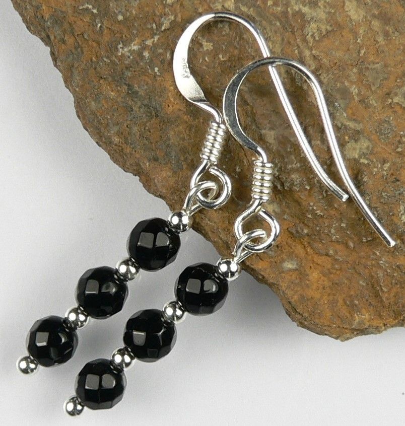 Sterling silver 4mm (+/-) faceted Black Onyx semi-precious stone earrings