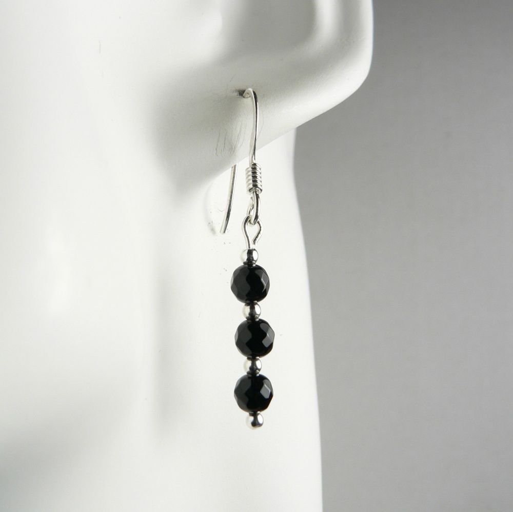 Sterling silver 4mm (+/-) faceted Black Onyx semi-precious stone drop earrings, in a gift box