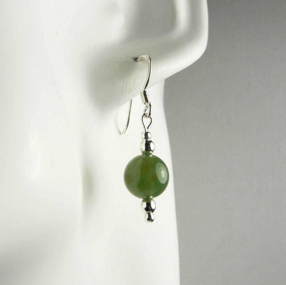 Sterling silver 8mm (+/-) Moss Agate semi-precious stone drop earrings, in a gift box