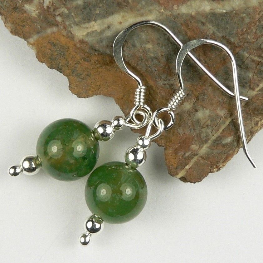 Sterling silver 8mm (+/-) green Moss Agate semi-precious stone drop earring