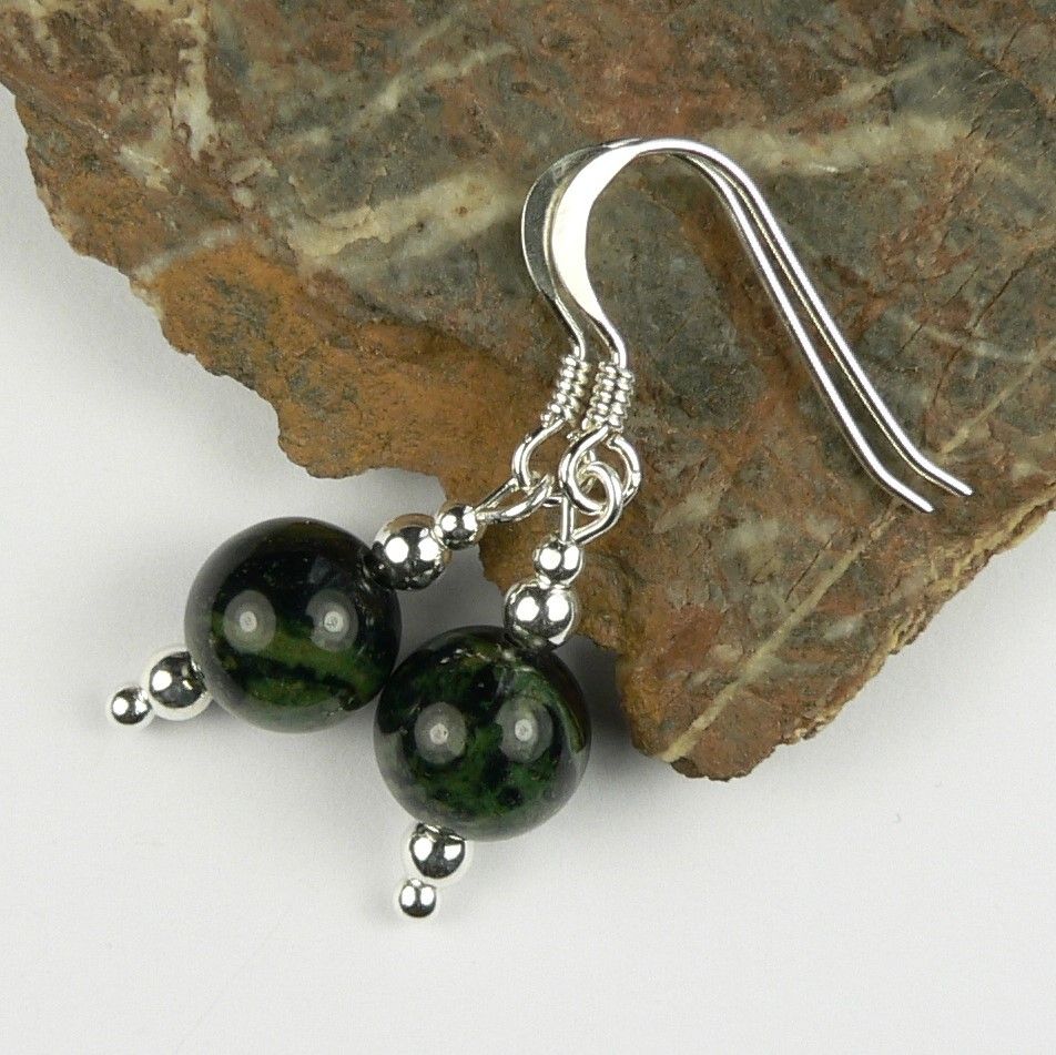 Sterling silver 8mm (+/-) green Kambaba Jasper semi-precious stone drop ear