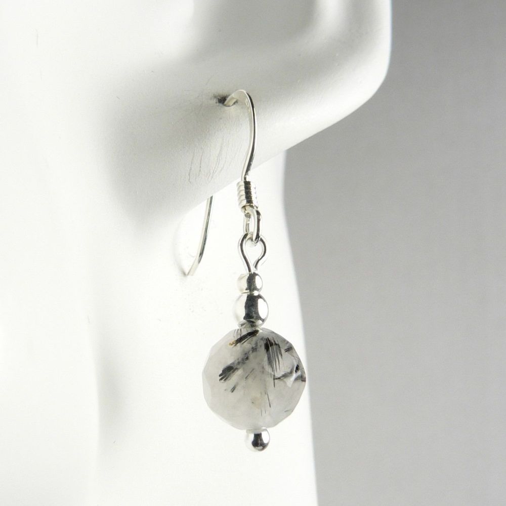 Sterling silver 8mm (+/-) faceted colourless white black Tourmalinated Quartz semi-precious stone drop earrings, in a gift box