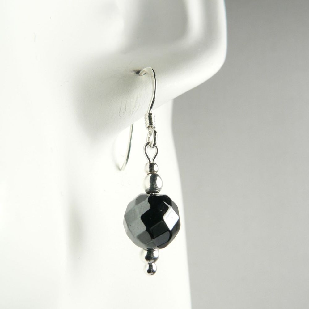 Sterling silver 8mm (+/-) faceted Hematite semi-precious stone earrings, in a gift box