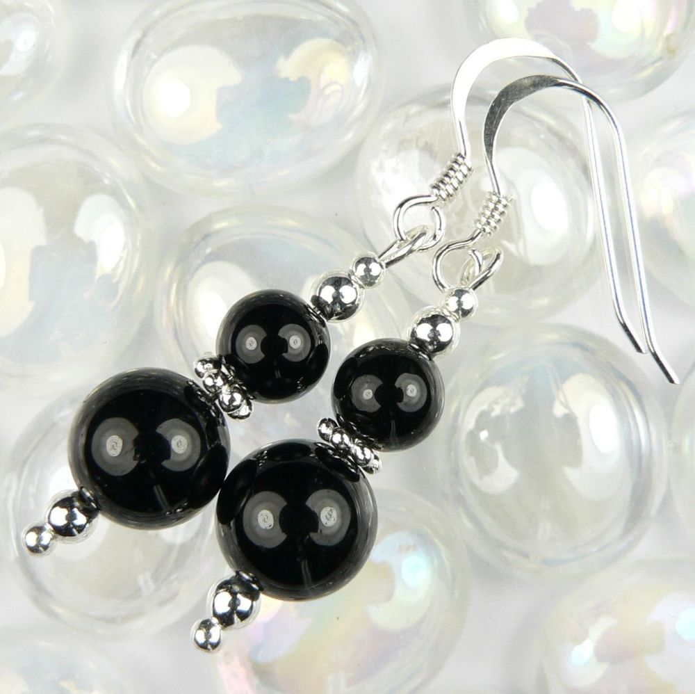 Sterling silver 8mm (+/-) & 6mm (+/-) Black Tourmaline semi-precious stone drop earrings, in a gift box