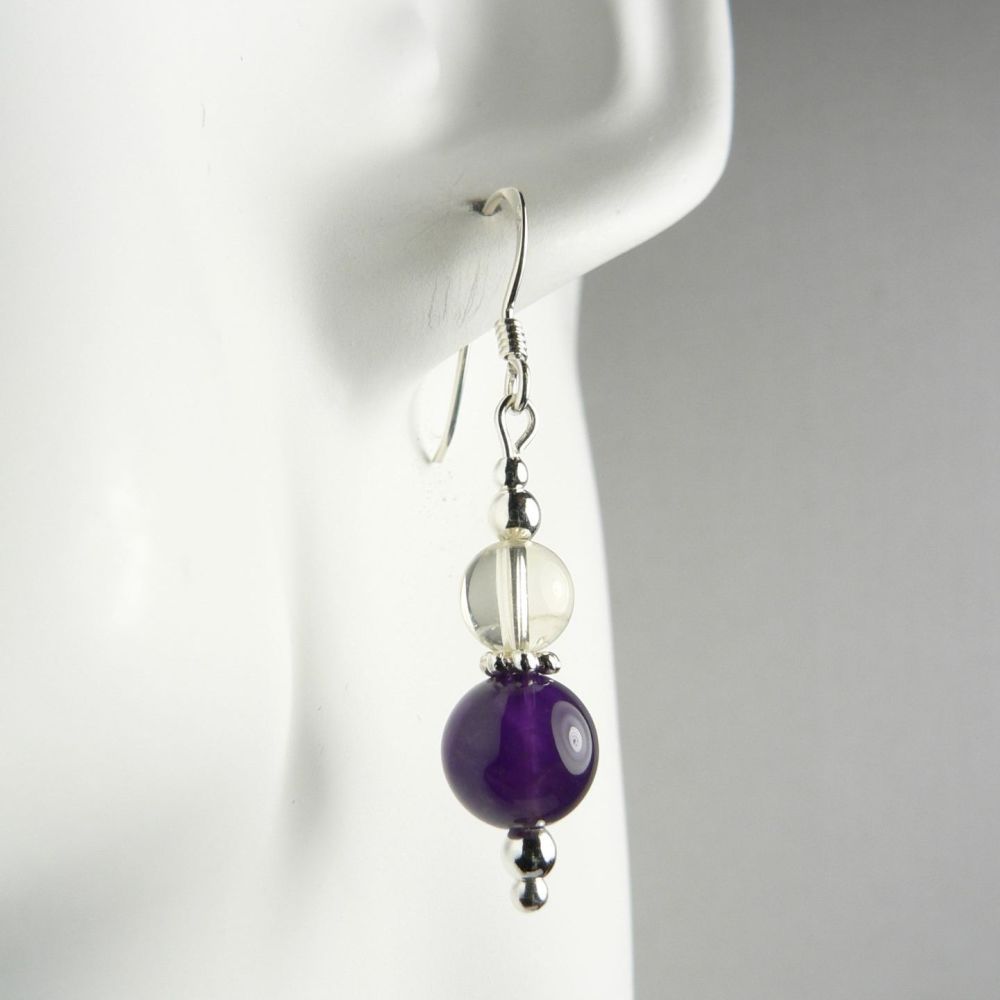 Sterling silver 8mm (+/-) Amethyst & 6mm (+/-) Citrine semi-precious stone drop earrings, in a gift box