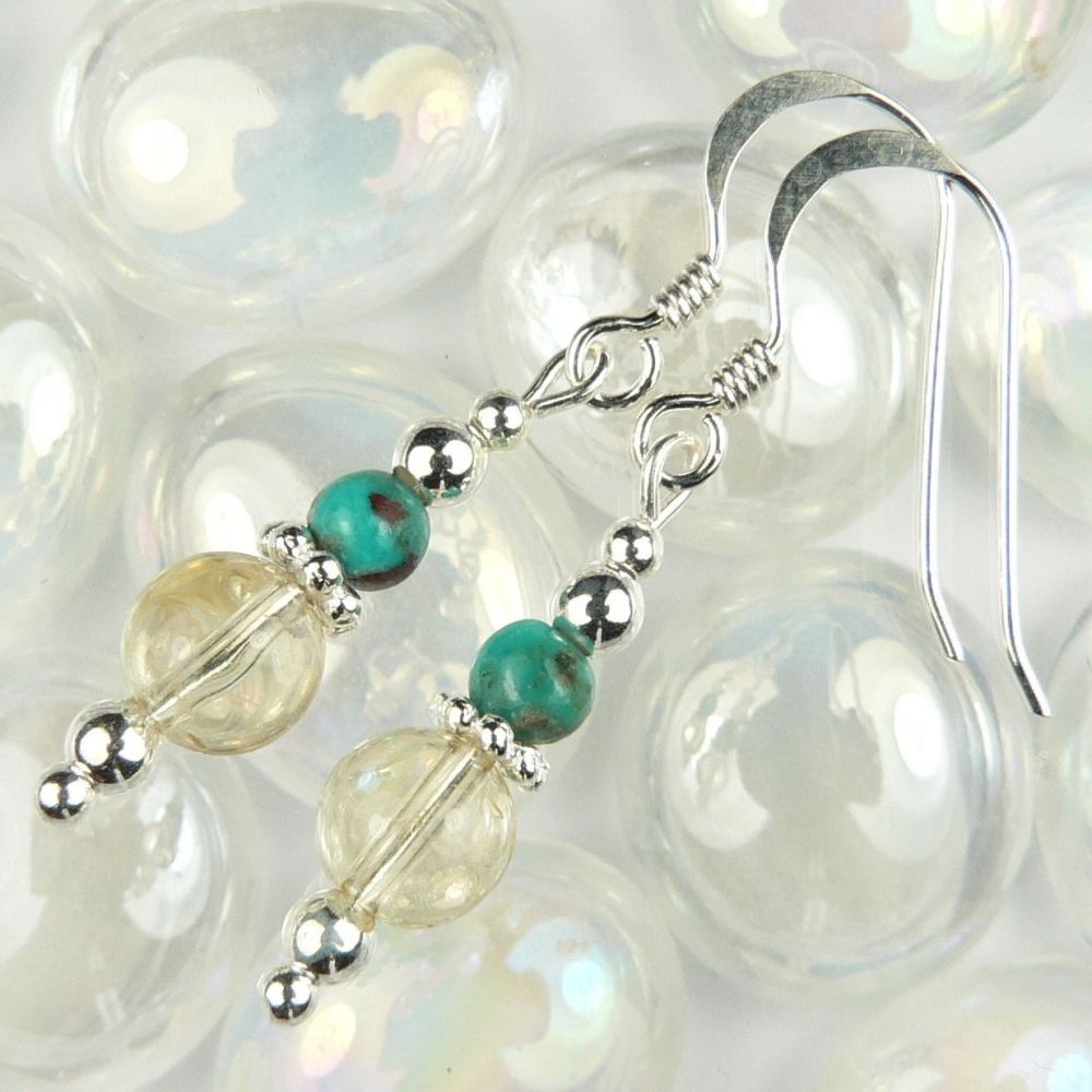 Sterling silver 6mm (+/-) Citrine & 4mm (+/-) Turquoise semi-precious stone drop earrings, in a gift box