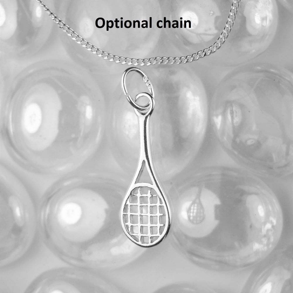 Sterling silver 21mm tennis racket pendant, with/out 16" or 18" fine curb chain, in a gift box, with silver polishing cloth