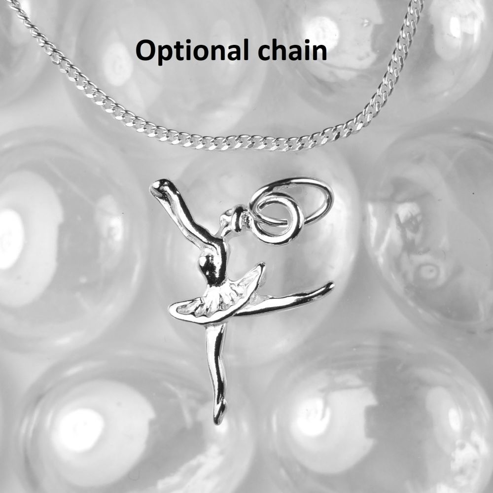 Sterling silver 16mm ballerina pendant, with/out 16" or 18" fine curb chain, in a gift box