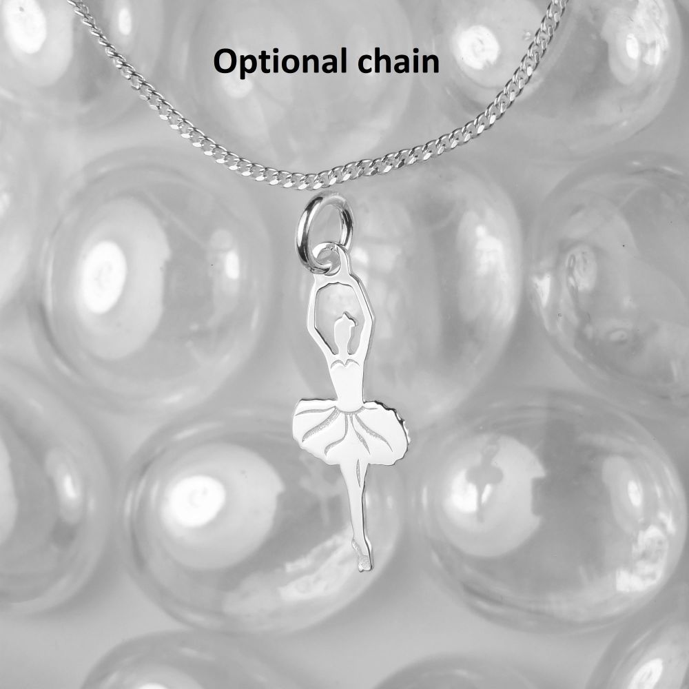 Sterling silver 20mm ballet dancer pendant, with/out 16" or 18" fine curb chain, in a gift box, silver polishing cloth
