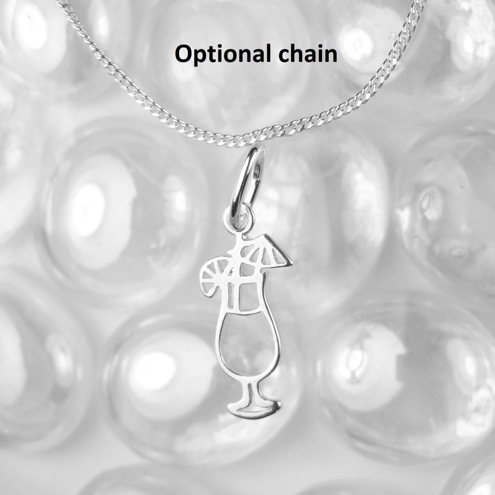 17mm sterling silver, cocktail glass with fruit & umbrella necklace, in gift box - choice of 16" or 18" fine curb chain
