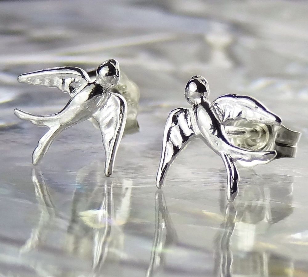 9.5x10mm sterling silver swallow stud earrings, in a gift box