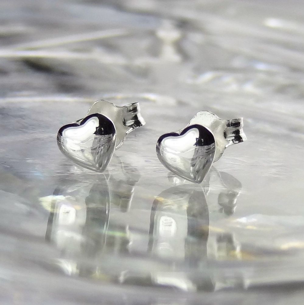 Dainty 5mm sterling silver heart stud earrings, slightly domed, in a gift box