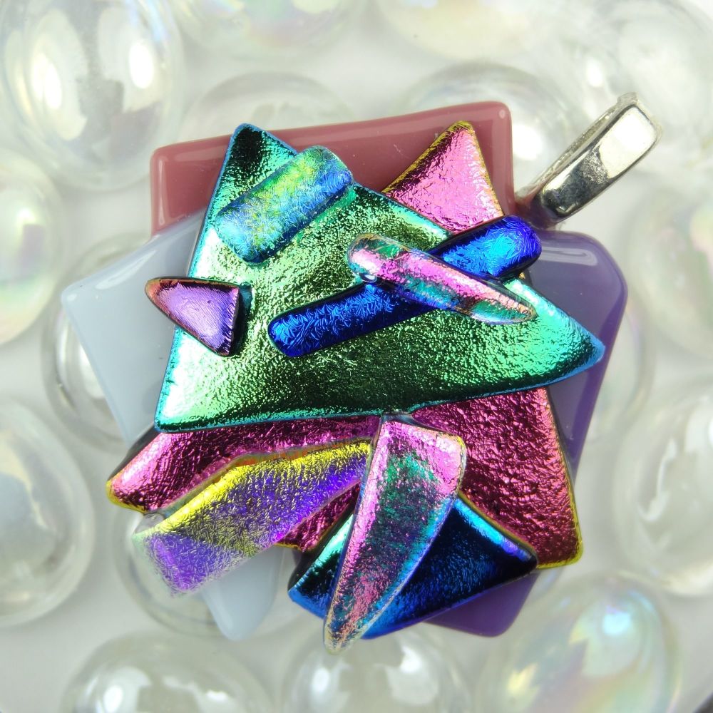 4.6cm textured, multi-coloured, genuine dichroic glass pendant, with leather cord & gift box (#30055)