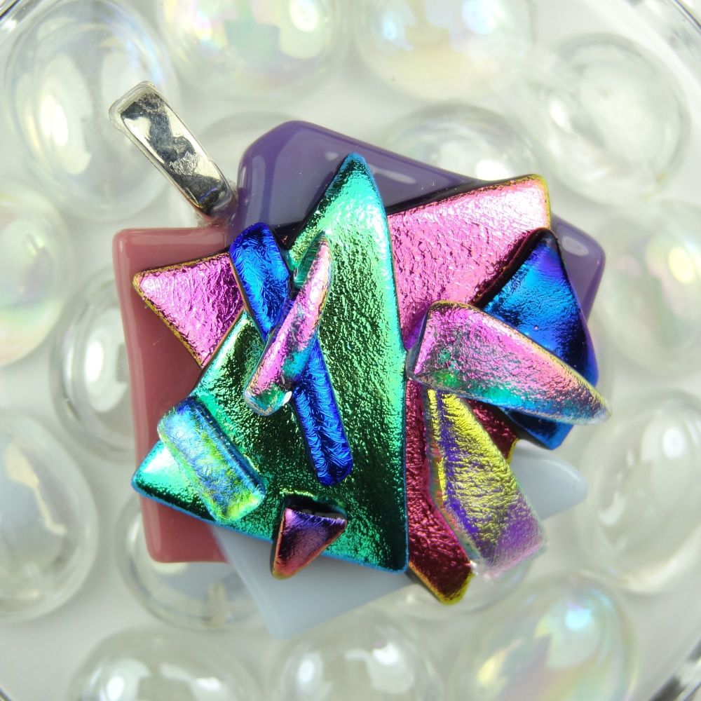 4.6cm textured, multi-coloured, genuine dichroic glass pendant, with leather cord & gift box (#30055)