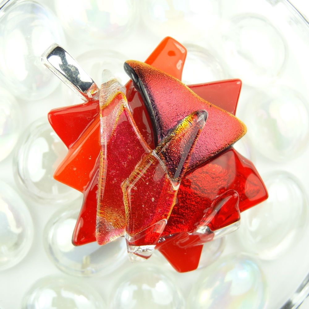 4.5cm textured, shades of red, genuine dichroic glass pendant, with leather cord & gift box (#30354)