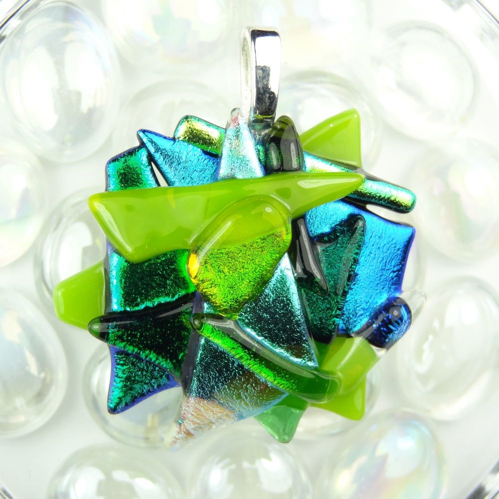 4.5cm textured, green & blue, genuine dichroic glass pendant, with leather cord & gift box (#30331)