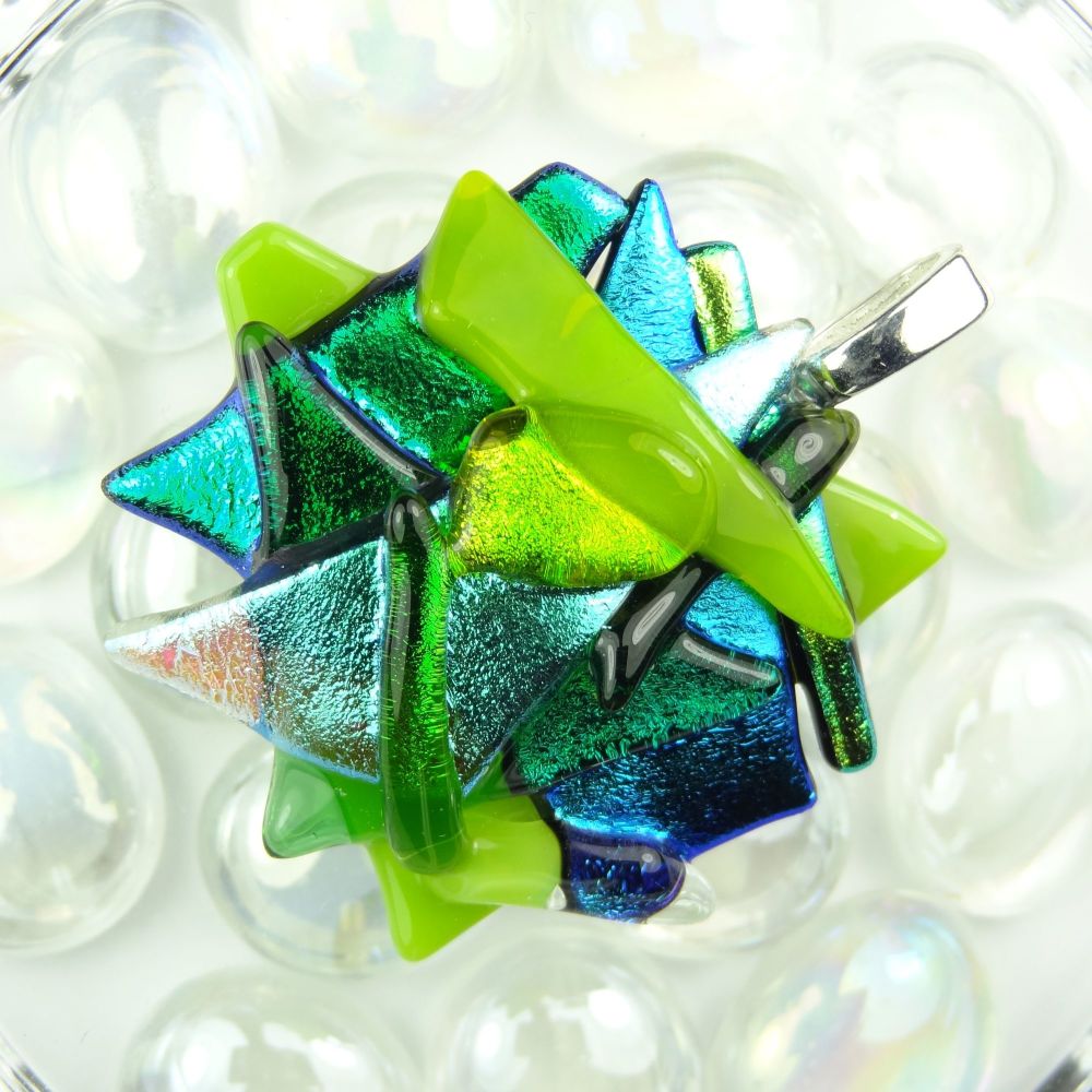 4.5cm textured, green & blue, genuine dichroic glass pendant, with leather cord & gift box (#30331)