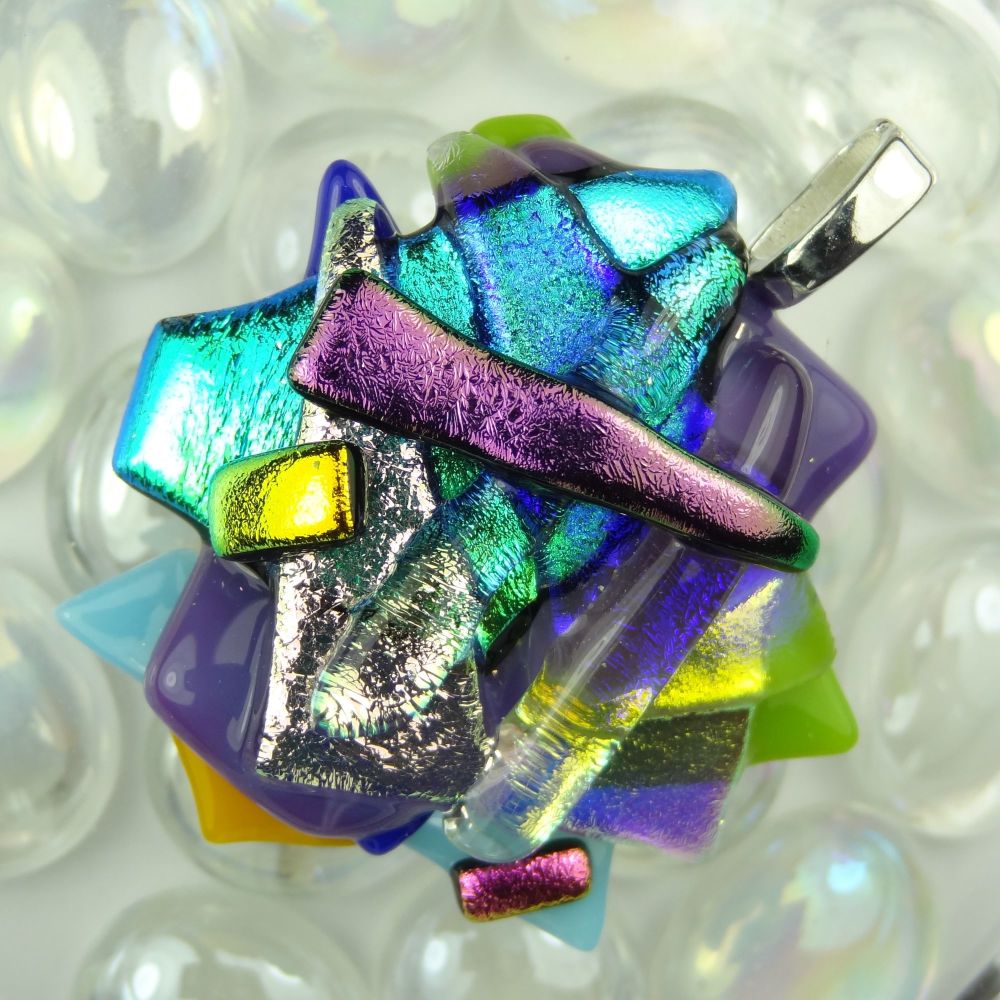 4.8cm textured, multi-coloured, genuine dichroic glass pendant, with leather cord & gift box (#30125)