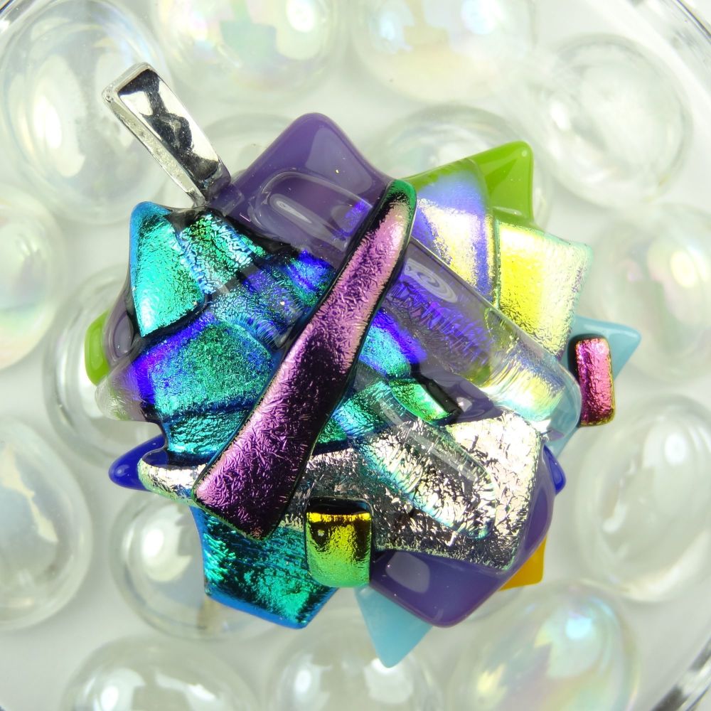 4.8cm textured, multi-coloured, genuine dichroic glass pendant, with leather cord & gift box (#30125)