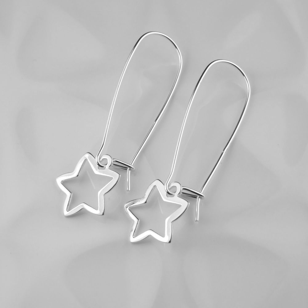 Sterling silver earrings with 12mm outline stars, on 35mm kidney wires, in a gift box