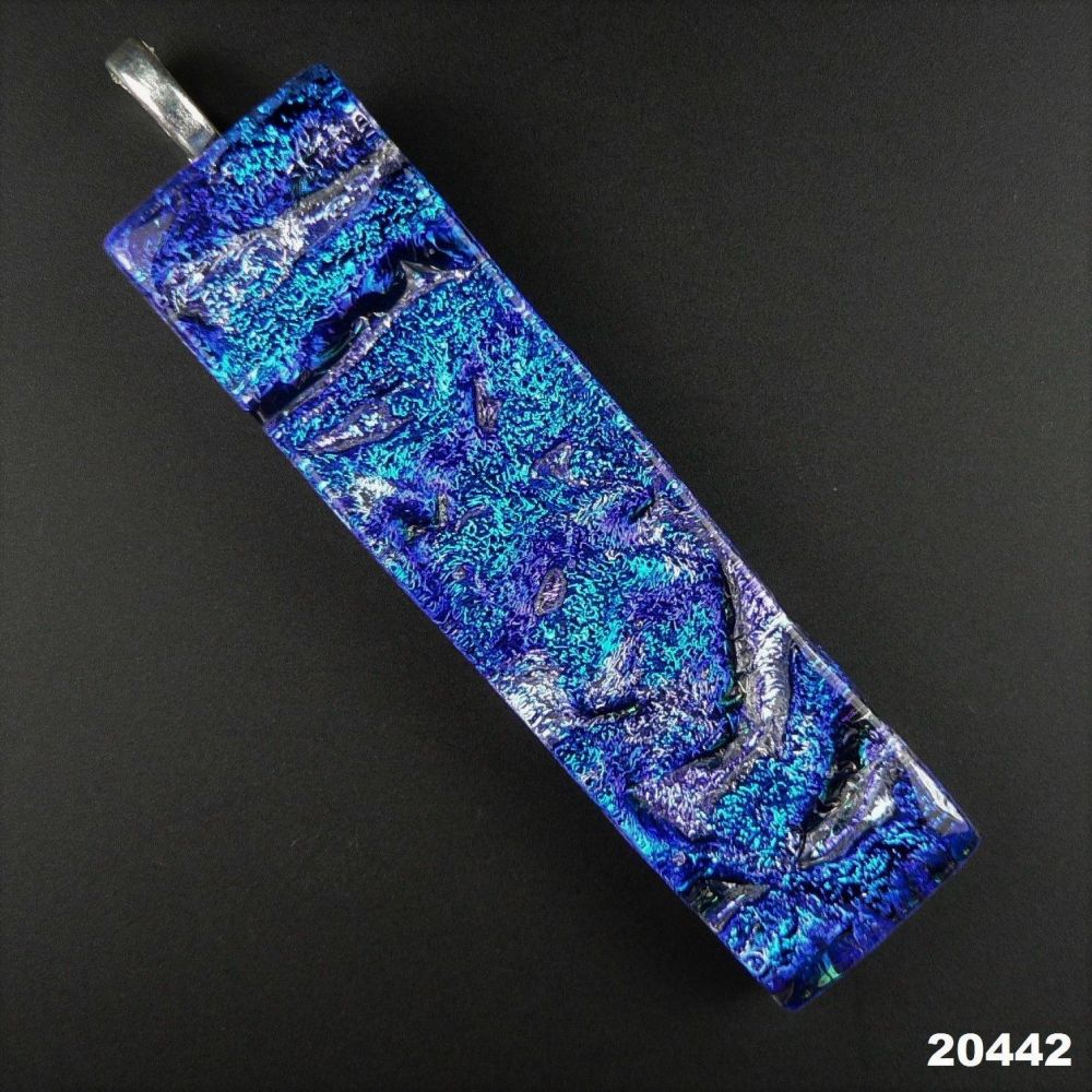 6.6cm blue Dichroic glass pendant, with leather cord & gift box (#20442)