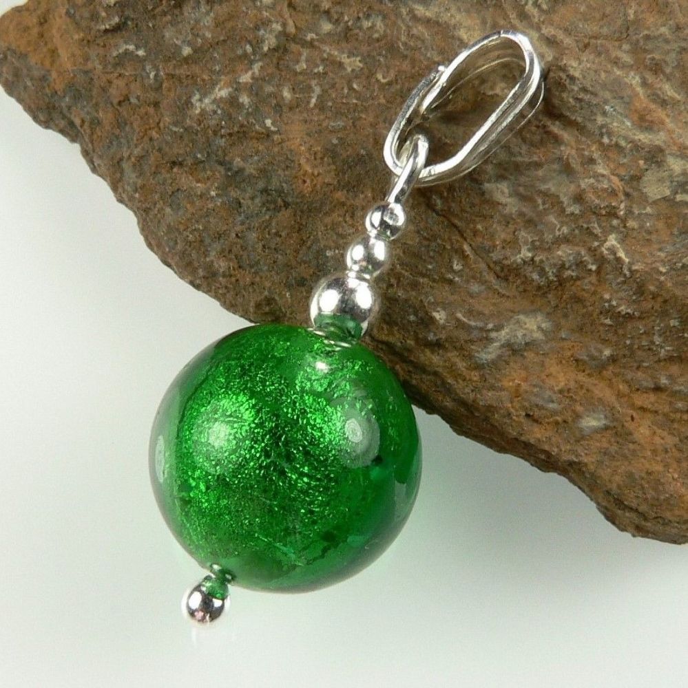 Sterling silver & 10mm (+/-) Murano glass pendant, with/out a chain, in a gift box (Green & Gold)