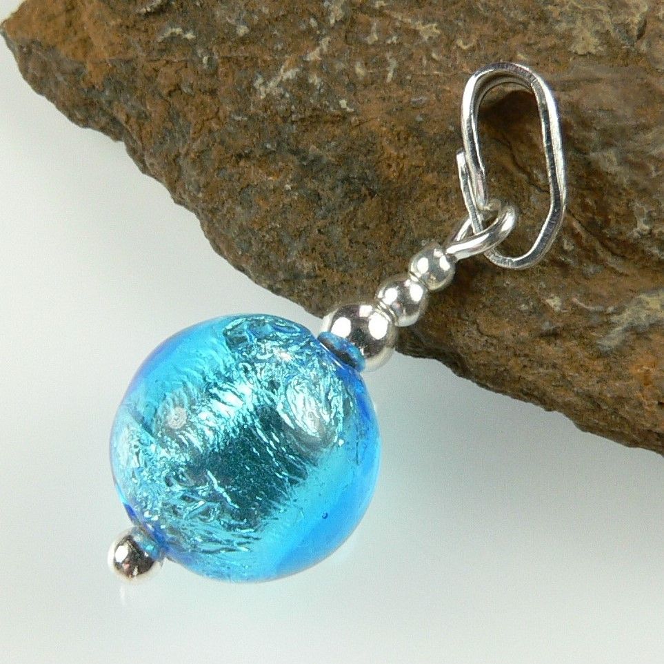 Sterling silver & 10mm (+/-) Murano glass pendant, with/out a chain, in a gift box (Aquamarine & Silver)